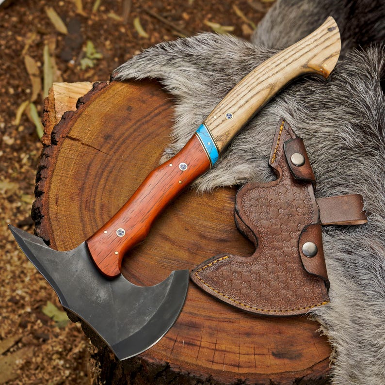 Handcrafted 1095 Steel Camping Hatchet with Ash & Paddock Wood Handle | Bushcraft Axe with Leather Sheath