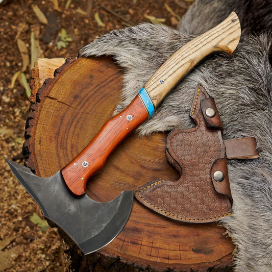 Handcrafted 1095 Steel Camping Hatchet with Ash & Paddock Wood Handle | Bushcraft Axe with Leather Sheath