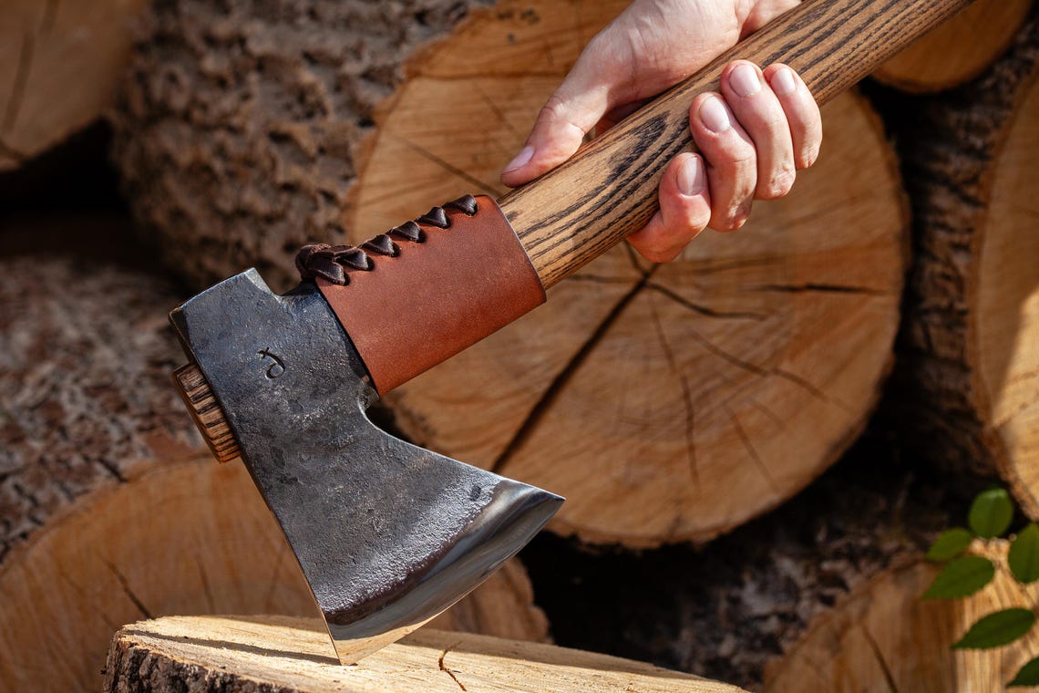 Knives Zone Hand-Forged Camp Axe with Hammer Poll – Carbon Steel Bushcraft Axe with Leather Sheath