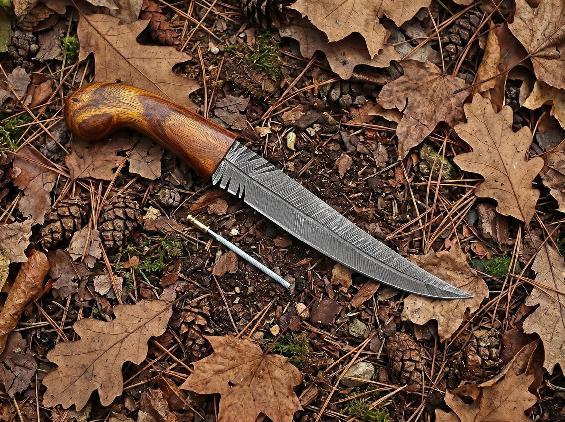 14" Hand Forged Feather Hunting Knife – Handmade Carbon Steel Fixed Blade with Rosewood Handle & Leather Sheath | Bushcraft Survival Knife