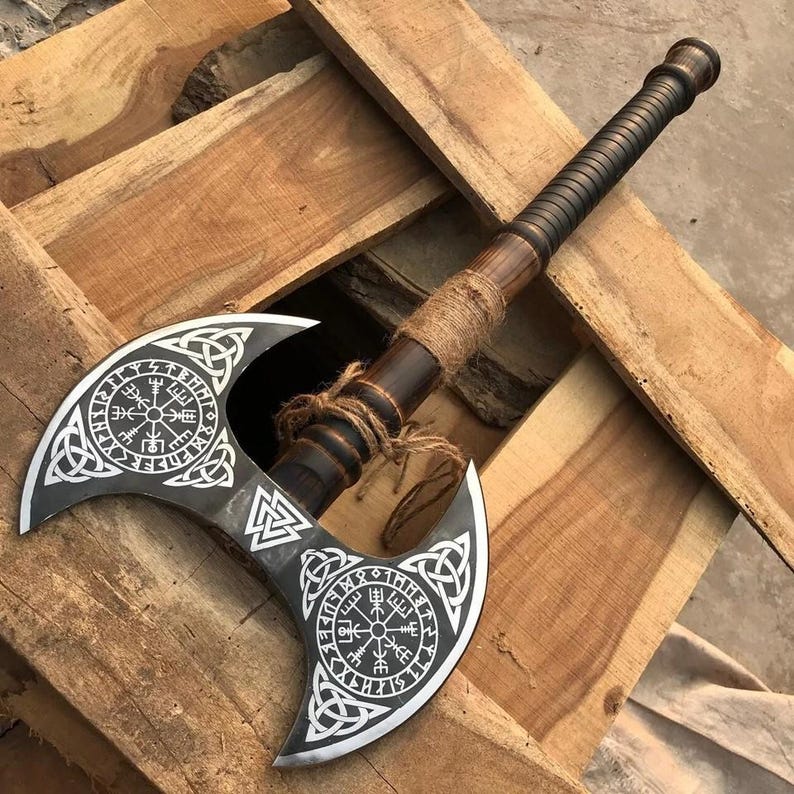 35” Handmade Carbon Steel Double-Bit Viking Axe with Wooden Shaft & Leather Cover