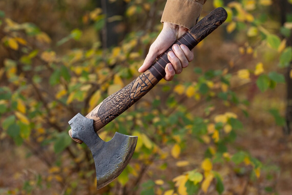 Odin Baltic Hand-Forged Axe – 18.5" Carved Ash Wood Camping Hatchet with Leather Sheath