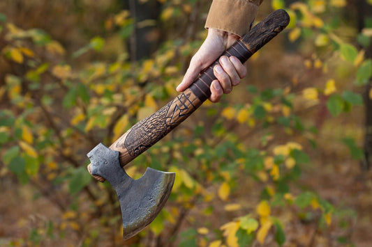 Odin Baltic Hand-Forged Axe – 18.5" Carved Ash Wood Camping Hatchet with Leather Sheath