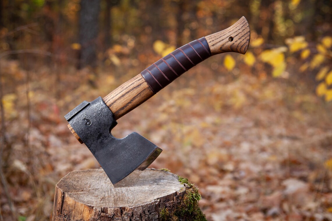 Hand Forged Finnish Bearded Axe – Compact Scandinavian Camping Hatchet with Leather Sheath