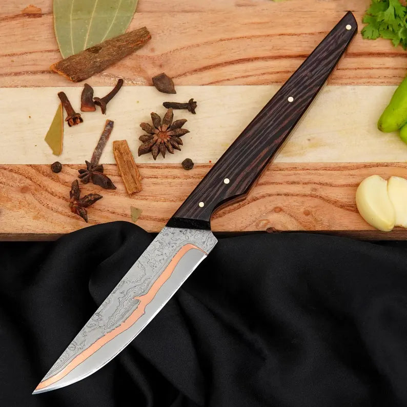 Handmade Copper Damascus Chef Knife with Wenge Wood Handle | Compact Culinary Knife with Leather Sheath