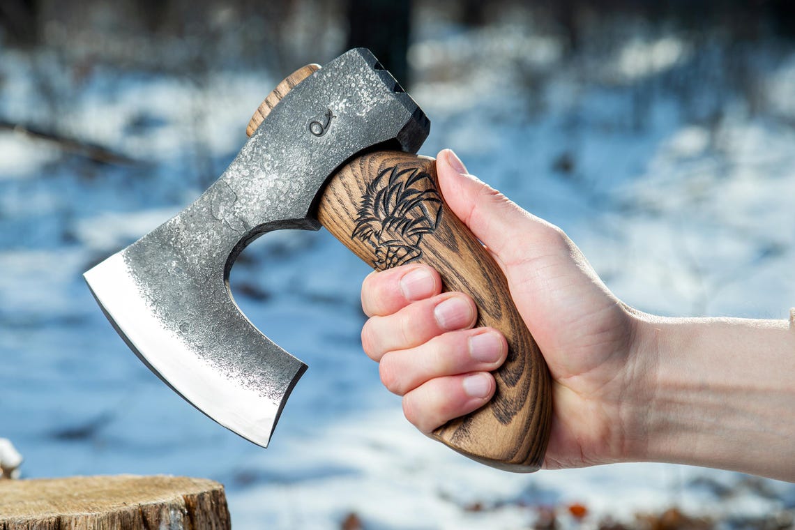 Knives Zone Compact Viking Bearded Axe – Hand Forged Scandinavian Hatchet with Short Wooden Handle