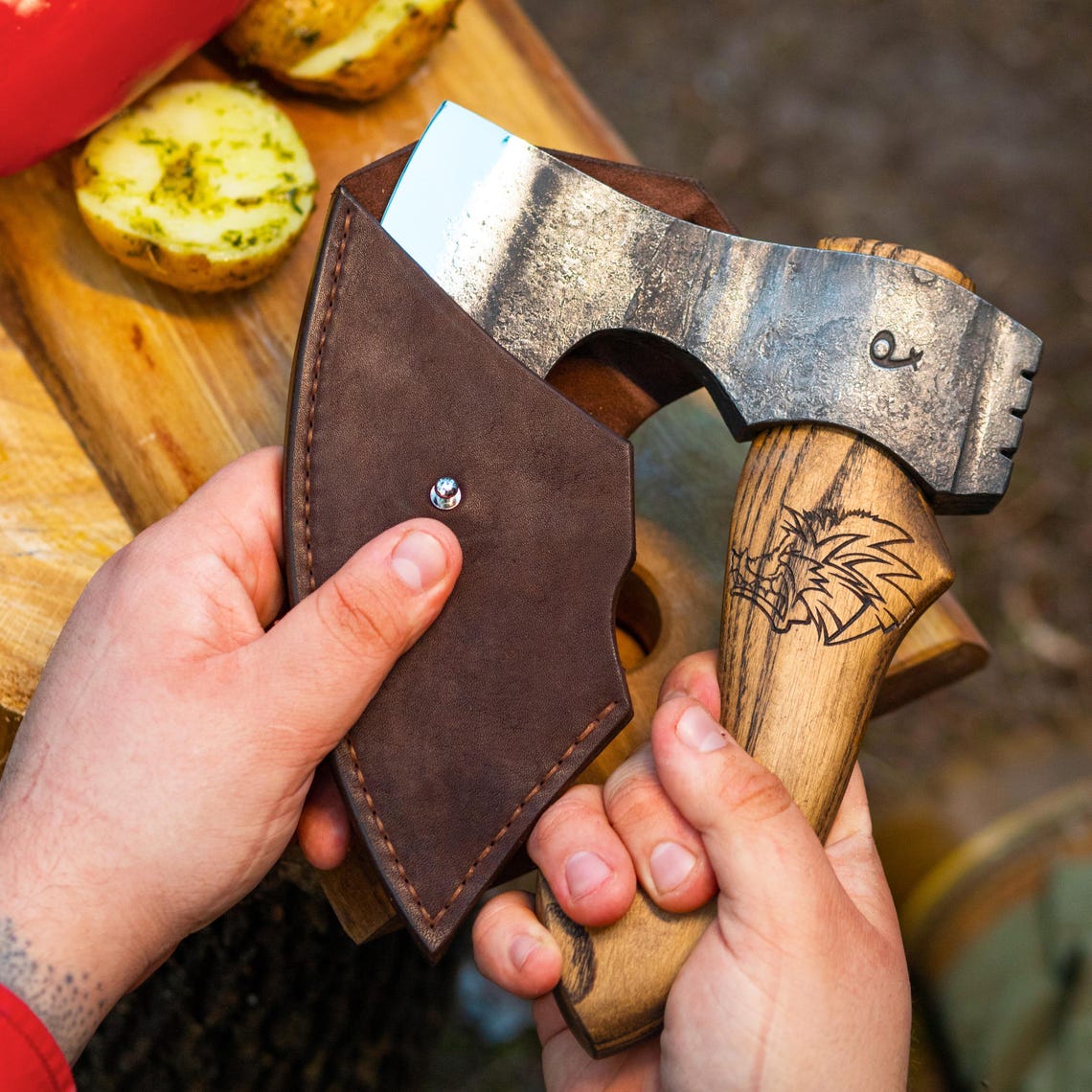 Knives Zone Compact Viking Bearded Axe – Hand Forged Scandinavian Hatchet with Short Wooden Handle