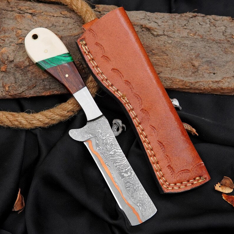 Hand-Forged Copper Core Damascus Bull Cutter Knife with Rosewood & Stone Handle | Custom Handmade Leather Sheath Knife