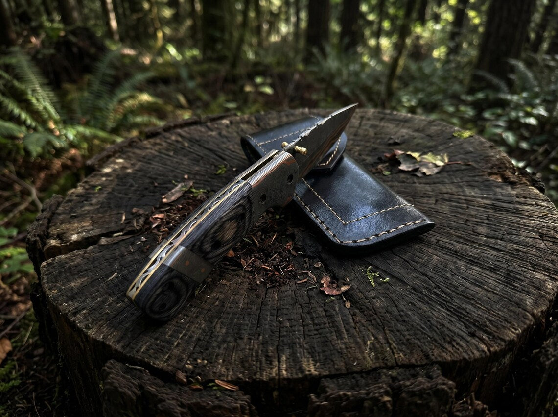 Handcrafted Copper Damascus Folding Knife with Leather Sheath – Premium EDC Pocket Knife for Outdoor Adventures & Gifts