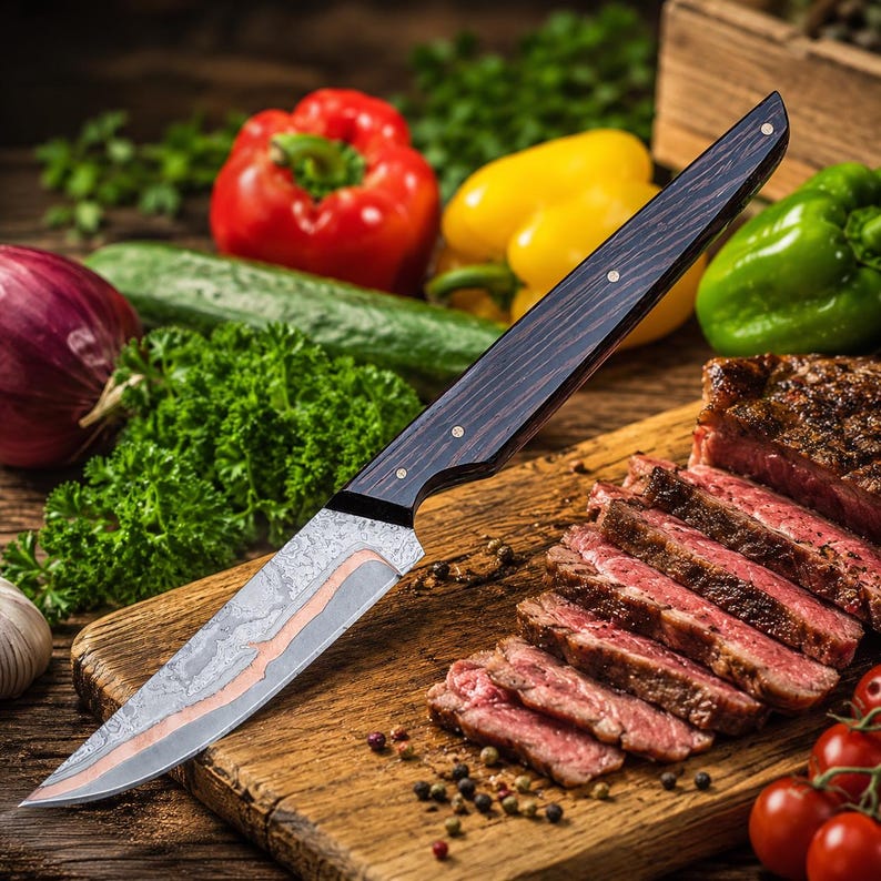 Handmade Copper Damascus Chef Knife with Wenge Wood Handle | Compact Culinary Knife with Leather Sheath
