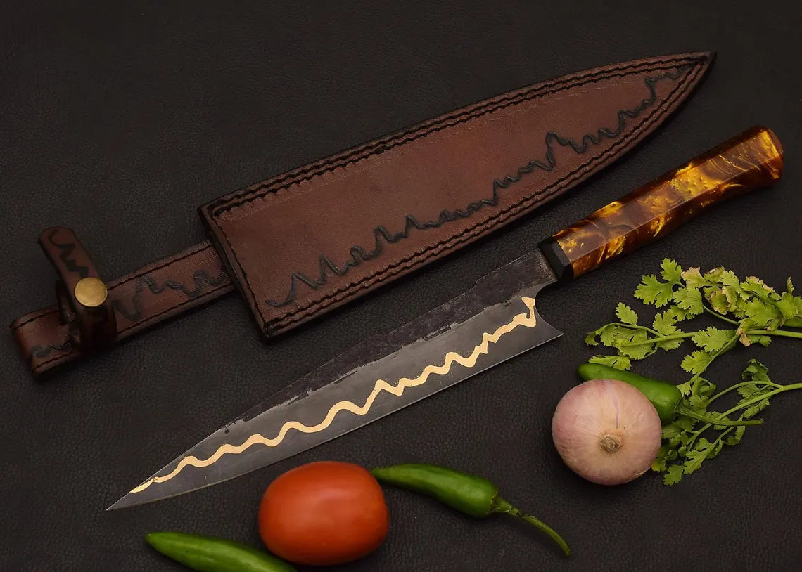 Handmade Copper Damascus Chef Knife 14" | Amber Resin Handle Kitchen Knife with Leather Sheath