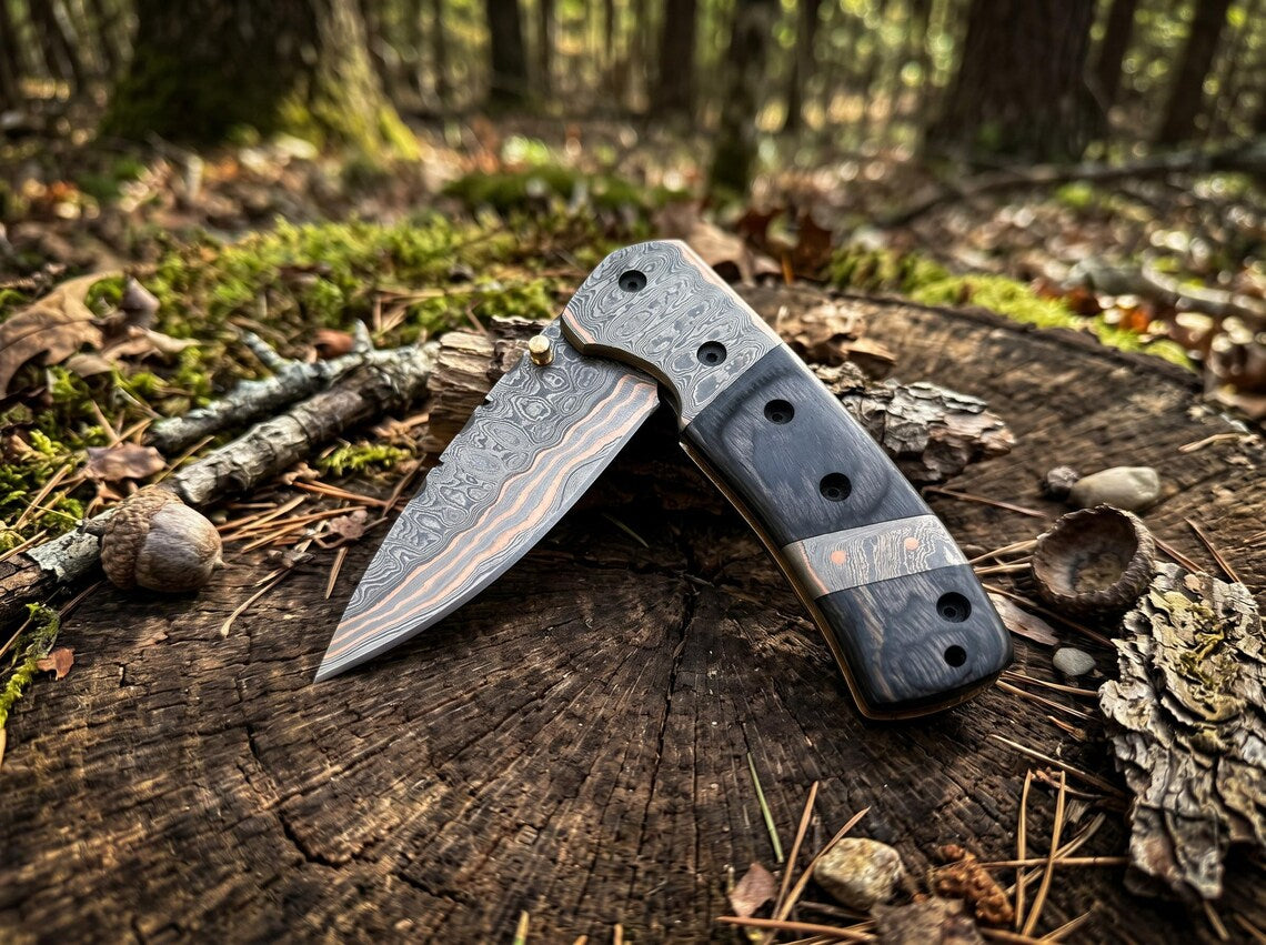 Handcrafted Copper Damascus Folding Knife with Leather Sheath – Premium EDC Pocket Knife for Outdoor Adventures & Gifts