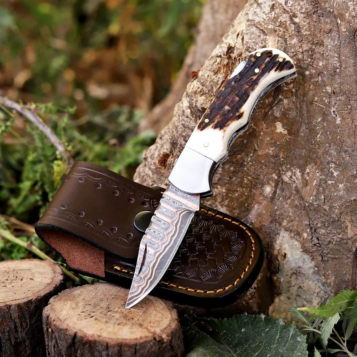 A folding pocket knife with a patterned steel blade and a dark natural horn handle is displayed next to its brown leather sheath on rustic tree stumps outdoors.