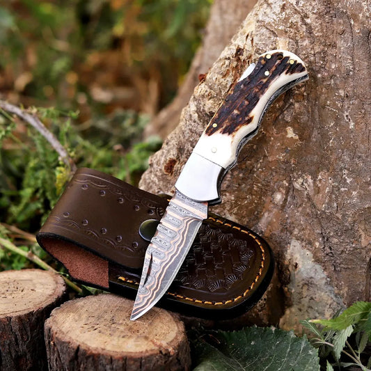 A folding pocket knife with a patterned steel blade and a dark natural horn handle is displayed next to its brown leather sheath on rustic tree stumps outdoors.