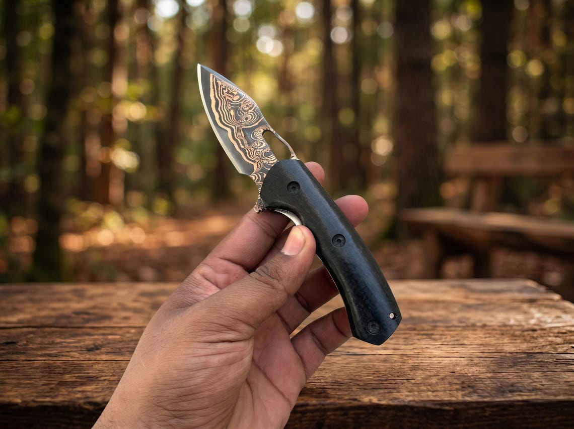 Handmade Copper Damascus Folding Pocket Knife with Leather Sheath – Custom EDC Knife for Outdoor Carry & Gift Giving