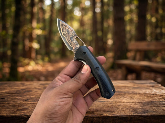 Handmade Copper Damascus Folding Pocket Knife with Leather Sheath – Custom EDC Knife for Outdoor Carry & Gift Giving