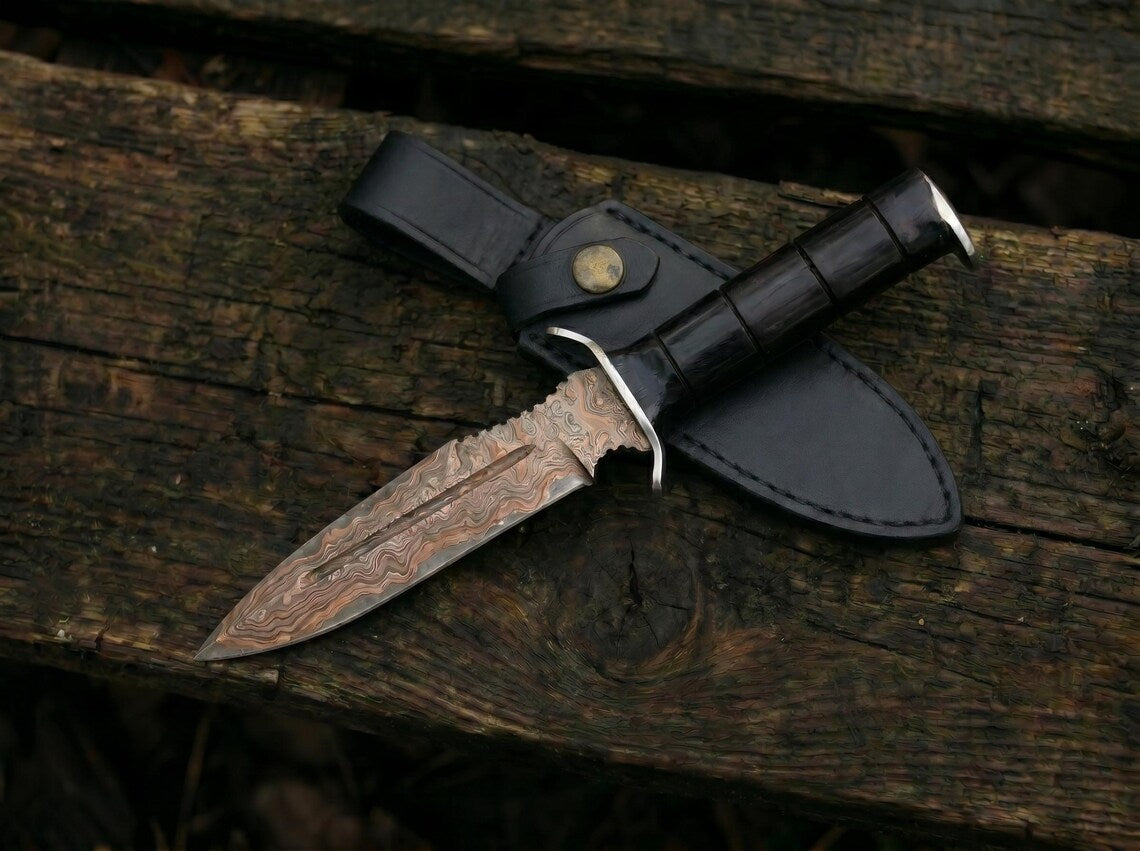 Hand Forged Copper Damascus Hunting Knife with Wooden Handle & Leather Sheath – Handmade Fixed Blade Outdoor Knife