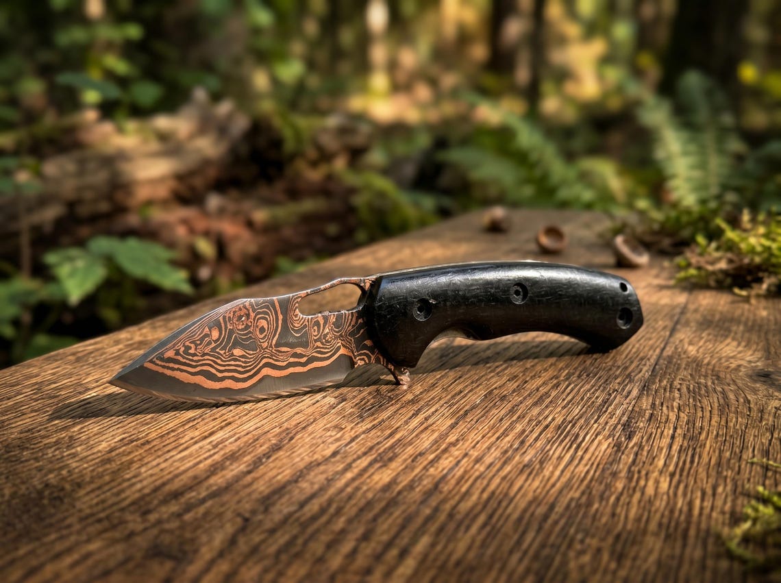 Handmade Copper Damascus Folding Pocket Knife with Leather Sheath – Custom EDC Knife for Outdoor Carry & Gift Giving