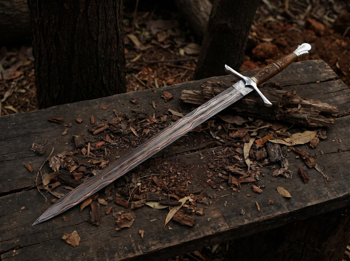 39" Custom Copper Damascus Viking Sword – Handmade Medieval Long Sword with Wooden Handle | Double Edge Collector Sword