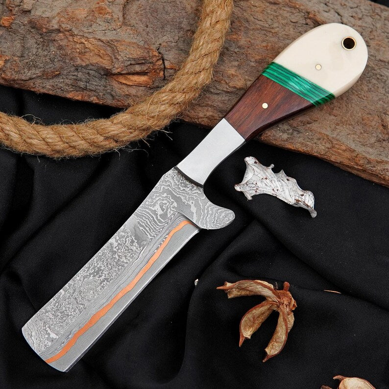 Hand-Forged Copper Core Damascus Bull Cutter Knife with Rosewood & Stone Handle | Custom Handmade Leather Sheath Knife