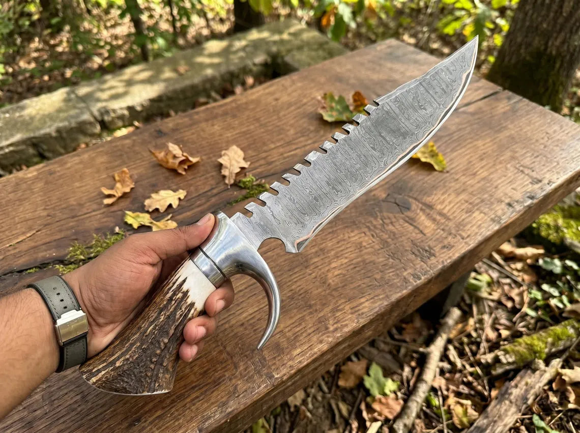 18" Handmade Copper Damascus Bowie Knife with Stag Antler Handle | Custom Fixed Blade Hunting & Collector Knife