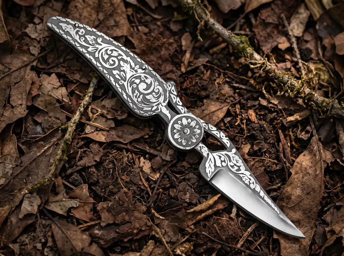 Custom Handmade Damascus Leaf Folding Knife – 7.5" High Carbon Pocket Knife with Leather Sheath | EDC Camping Knife