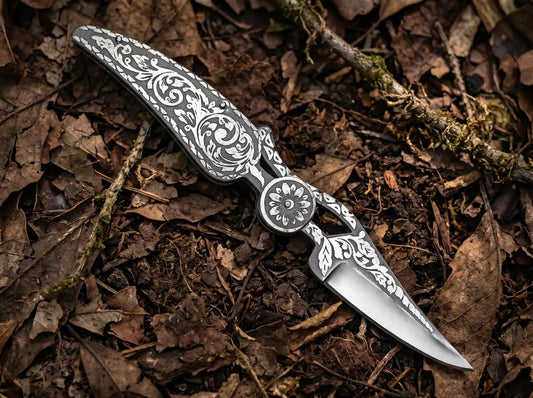 Custom Handmade Damascus Leaf Folding Knife – 7.5" High Carbon Pocket Knife with Leather Sheath | EDC Camping Knife