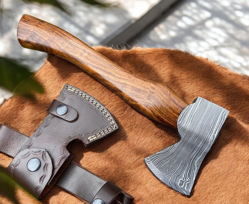 Custom Handmade Twisted Damascus Steel Axe with Rosewood Handle | Compact Outdoor Hatchet with Leather Sheath