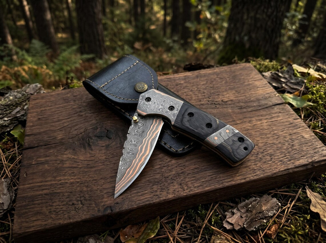 Handcrafted Copper Damascus Folding Knife with Leather Sheath – Premium EDC Pocket Knife for Outdoor Adventures & Gifts