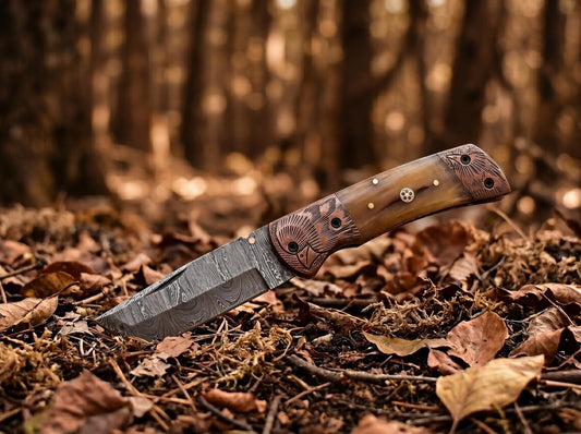 Handmade Damascus Steel Folding Pocket Knife with Natural Horn Handle & Leather Sheath | Custom EDC Outdoor Knife | Knives Zone
