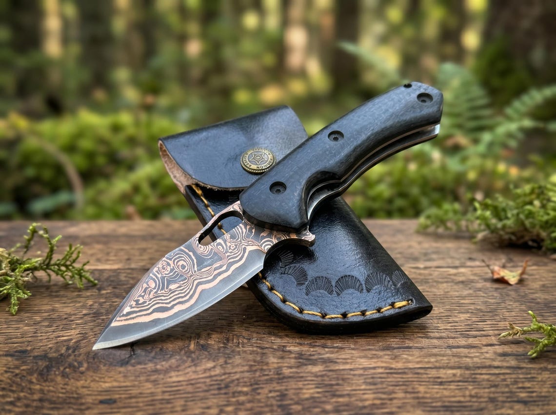 Handmade Copper Damascus Folding Pocket Knife with Leather Sheath – Custom EDC Knife for Outdoor Carry & Gift Giving