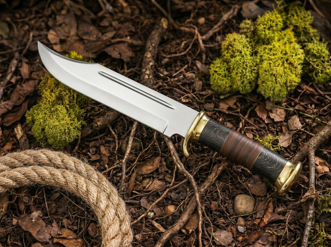 18" Handmade Crocodile Dundee Style Bowie Knife – D2 Steel Fixed Blade with Wooden Handle & Leather Sheath