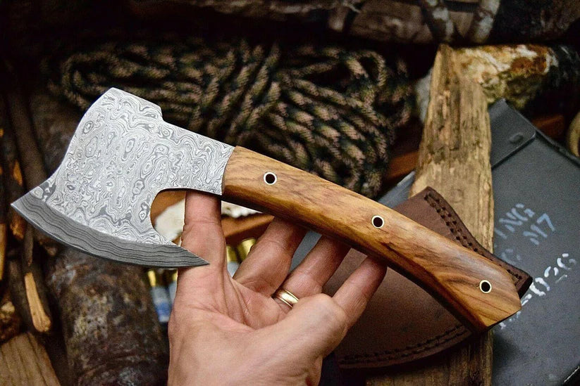 Handmade Damascus Steel Hatchet Axe with Olive Burl Wood Handle & Leather Sheath – 10”