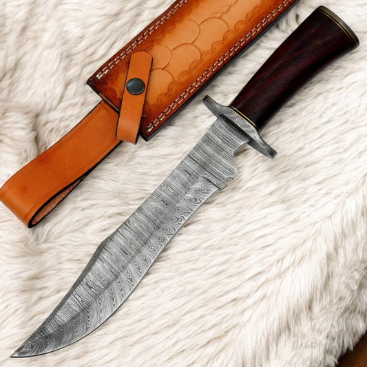 15” Handmade Damascus Bowie Knife with Wood Handle & Leather Sheath | Knives Zone