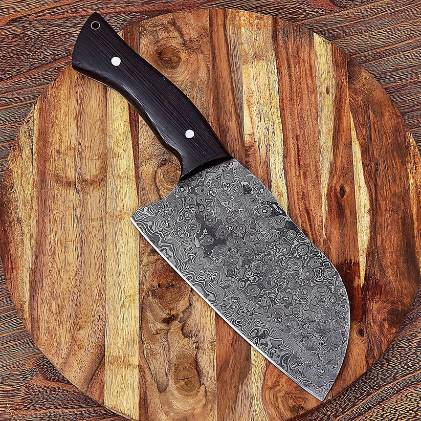 12" Handmade Damascus Serbian Cleaver Knife with Wenge Wood Handle & Cowhide Leather Sheath | Butcher & Chef Meat Cleaver