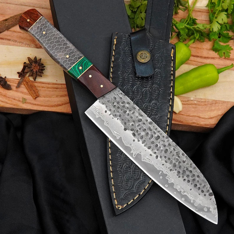 Handmade Damascus Chef Knife 7 Inch | 440C Stainless Steel Blade with Malachite, Resin & Rosewood Handle