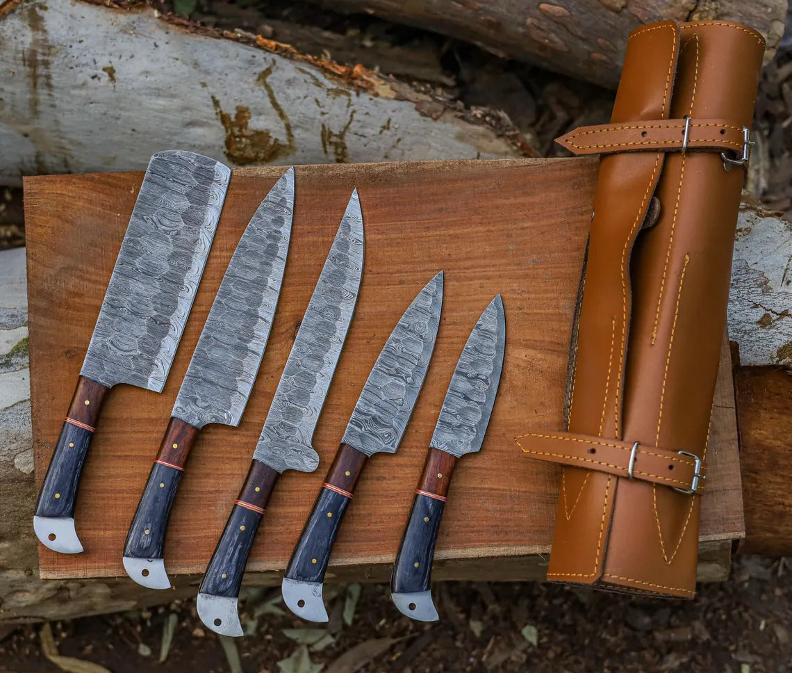 Hand Forged Damascus Steel Chef Knife Set – 5-Piece Kitchen Knives with Rosewood & Pakka Wood Handles | Knives Zone