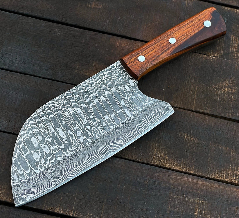 Custom Handmade Damascus Steel Meat Cleaver Knife with Leather Sheath | Full Tang Butcher Cleaver for Kitchen & BBQ