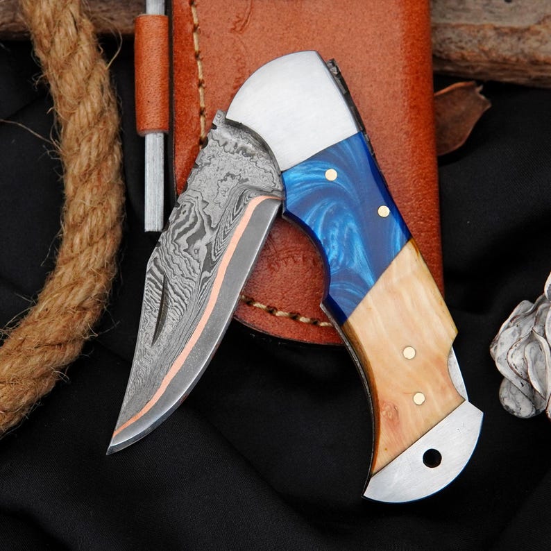 Handmade Damascus Steel Folding Knife with Blue Olive Resin & Natural Wood Handle | Premium EDC Pocket Knife