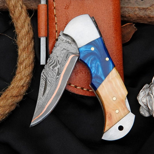 Handmade Damascus Steel Folding Knife with Blue Olive Resin & Natural Wood Handle | Premium EDC Pocket Knife