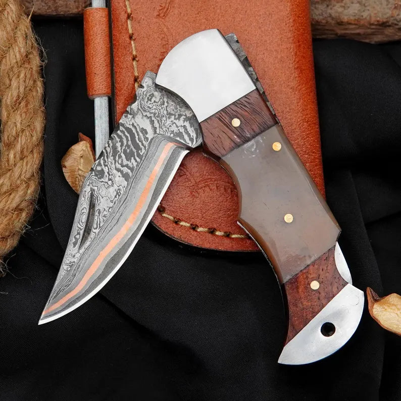 Handmade Damascus Steel Folding Knife with Ram Horn & Rosewood Handle | Premium EDC Pocket Knife