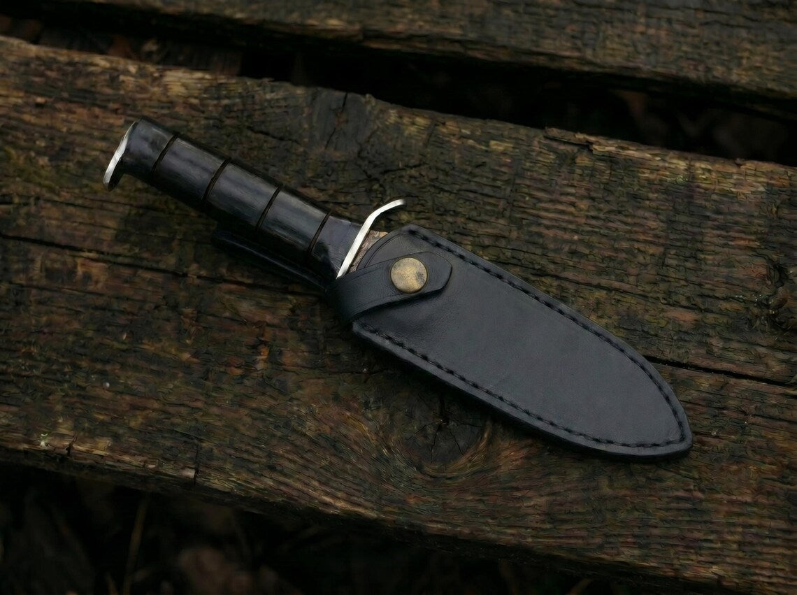 Hand Forged Copper Damascus Hunting Knife with Wooden Handle & Leather Sheath – Handmade Fixed Blade Outdoor Knife