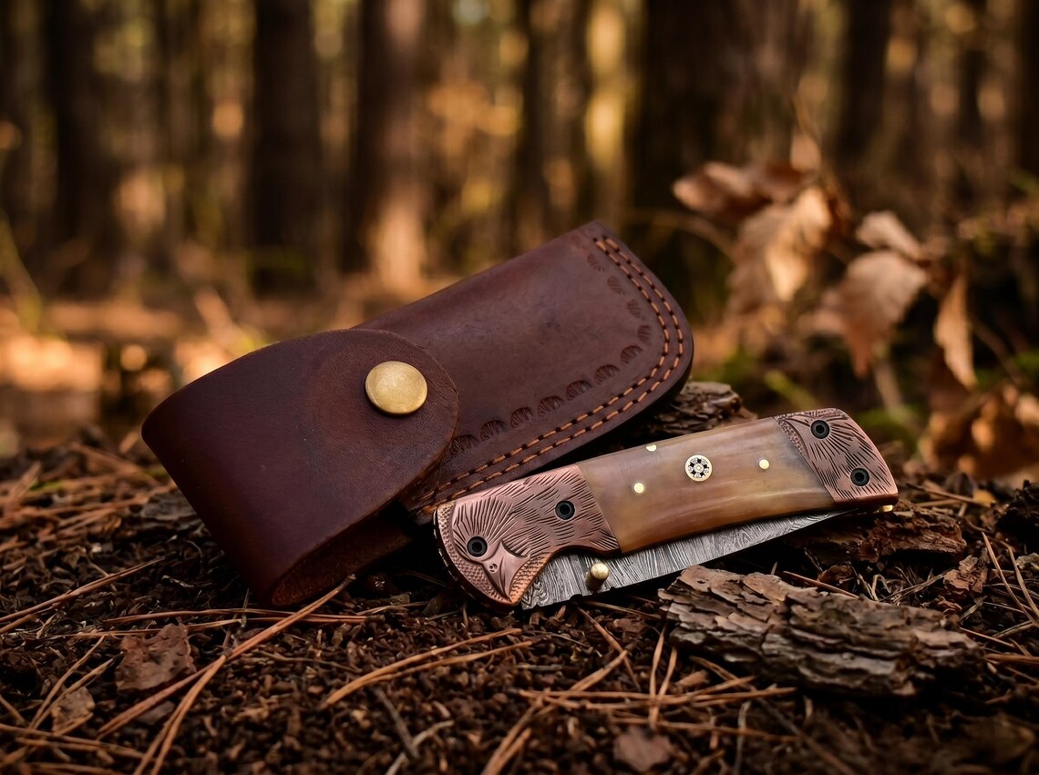 Handmade Damascus Steel Folding Pocket Knife with Natural Horn Handle & Leather Sheath | Custom EDC Outdoor Knife | Knives Zone