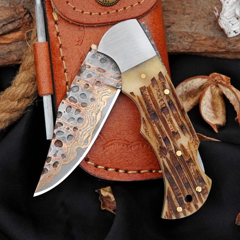 Handcrafted Damascus Pocket Knife with Bone Handle | Back Lock Folding EDC Knife