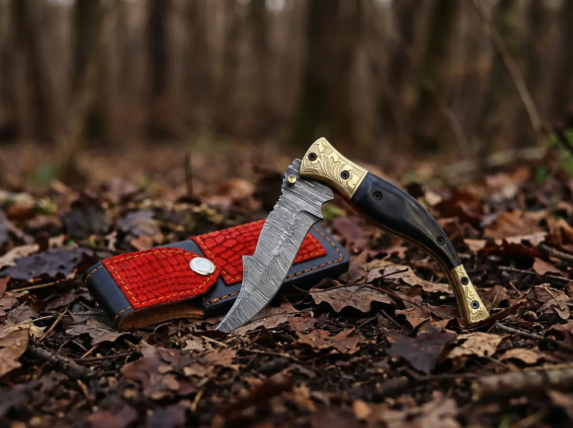 Handmade Damascus Steel Folding Pocket Knife with Leather Sheath – Custom EDC Hunting Knife | Groomsmen Gift for Men