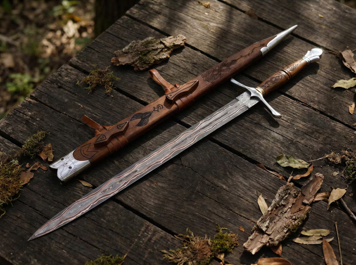 39" Custom Copper Damascus Viking Sword – Handmade Medieval Long Sword with Wooden Handle | Double Edge Collector Sword