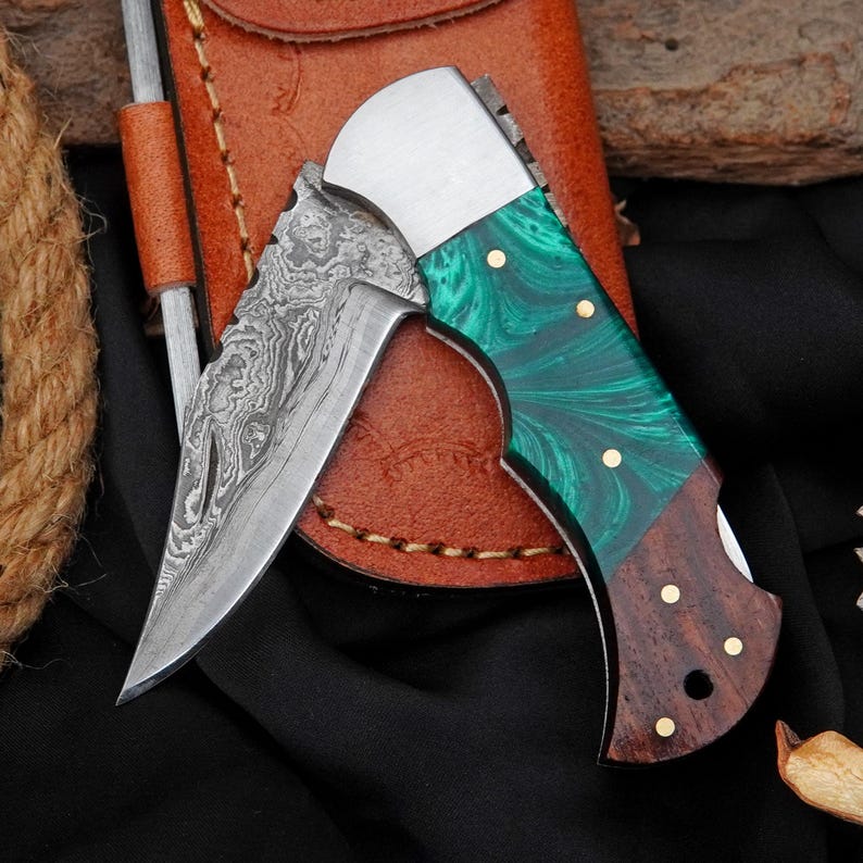 Double White Line Damascus Folding Knife with Green Resin & Rosewood Handle | Handmade EDC Pocket Knife