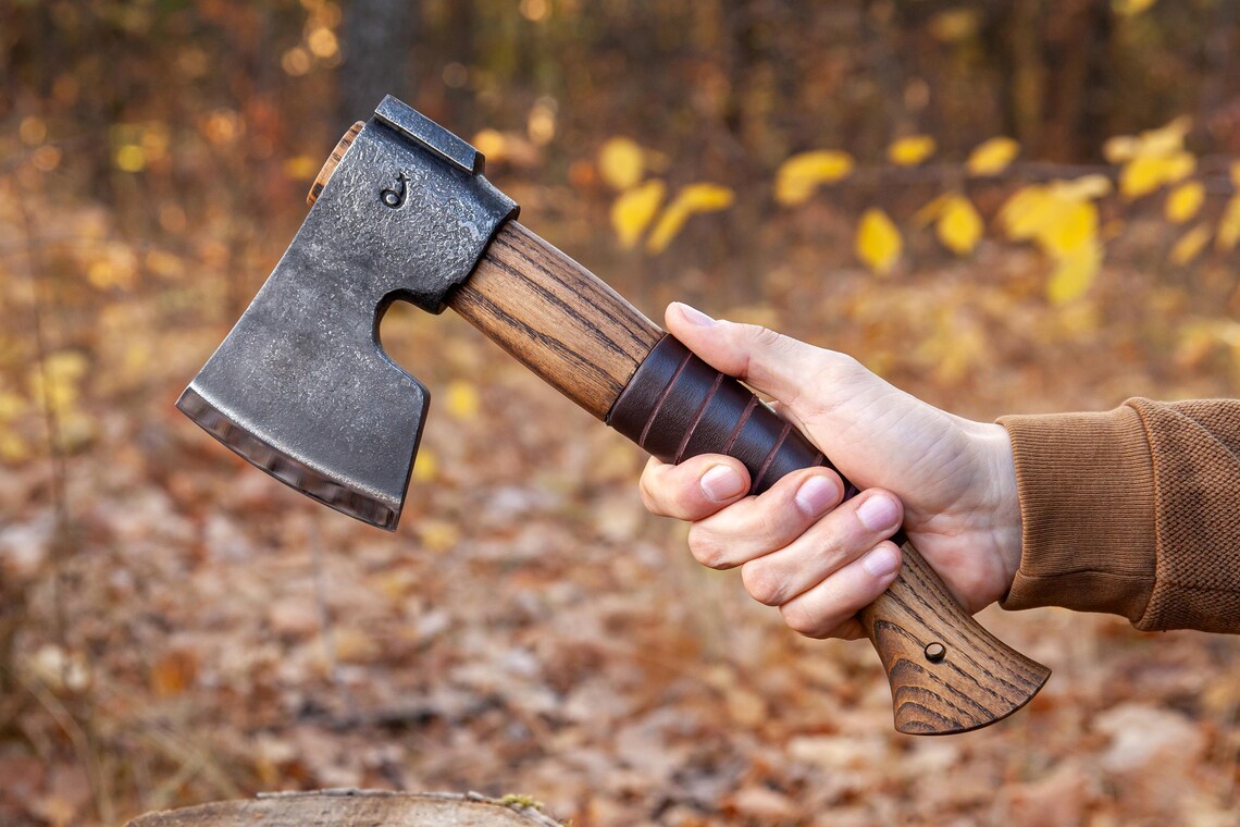 Hand Forged Finnish Bearded Axe – Compact Scandinavian Camping Hatchet with Leather Sheath
