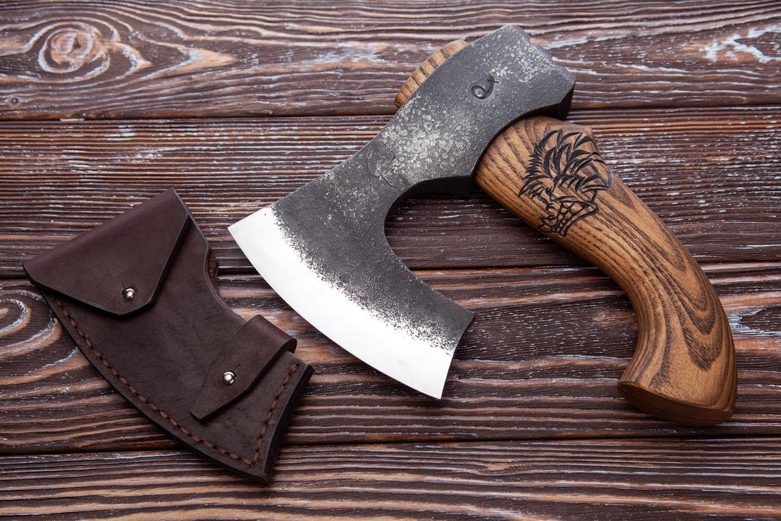 Knives Zone Compact Viking Bearded Axe – Hand Forged Scandinavian Hatchet with Short Wooden Handle