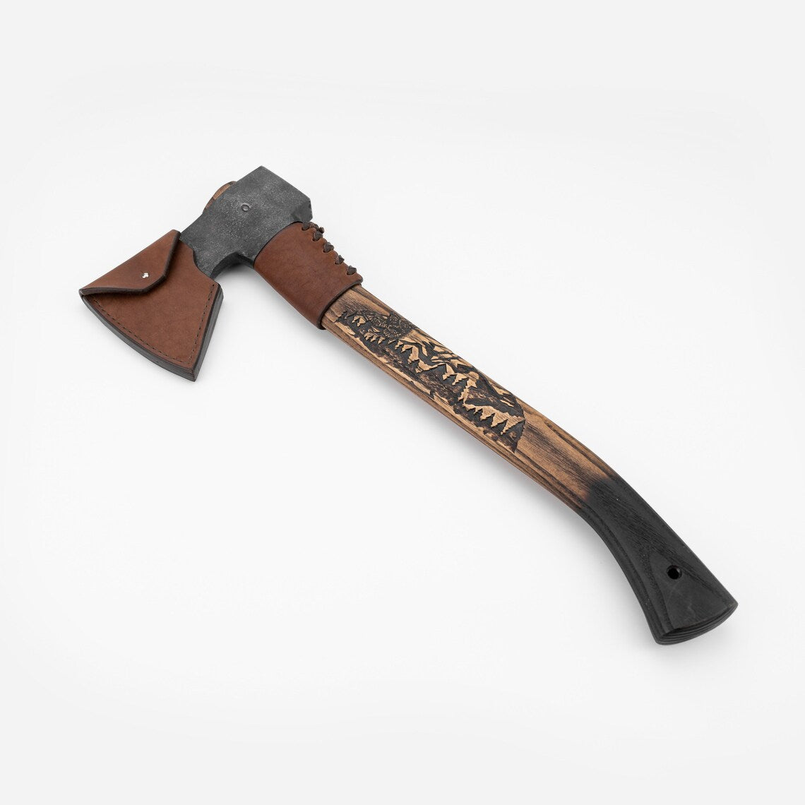 Knives Zone Hand Forged Bushcraft Axe – Carbon Steel Camping Hatchet with Ash Wood Handle & Leather Sheath